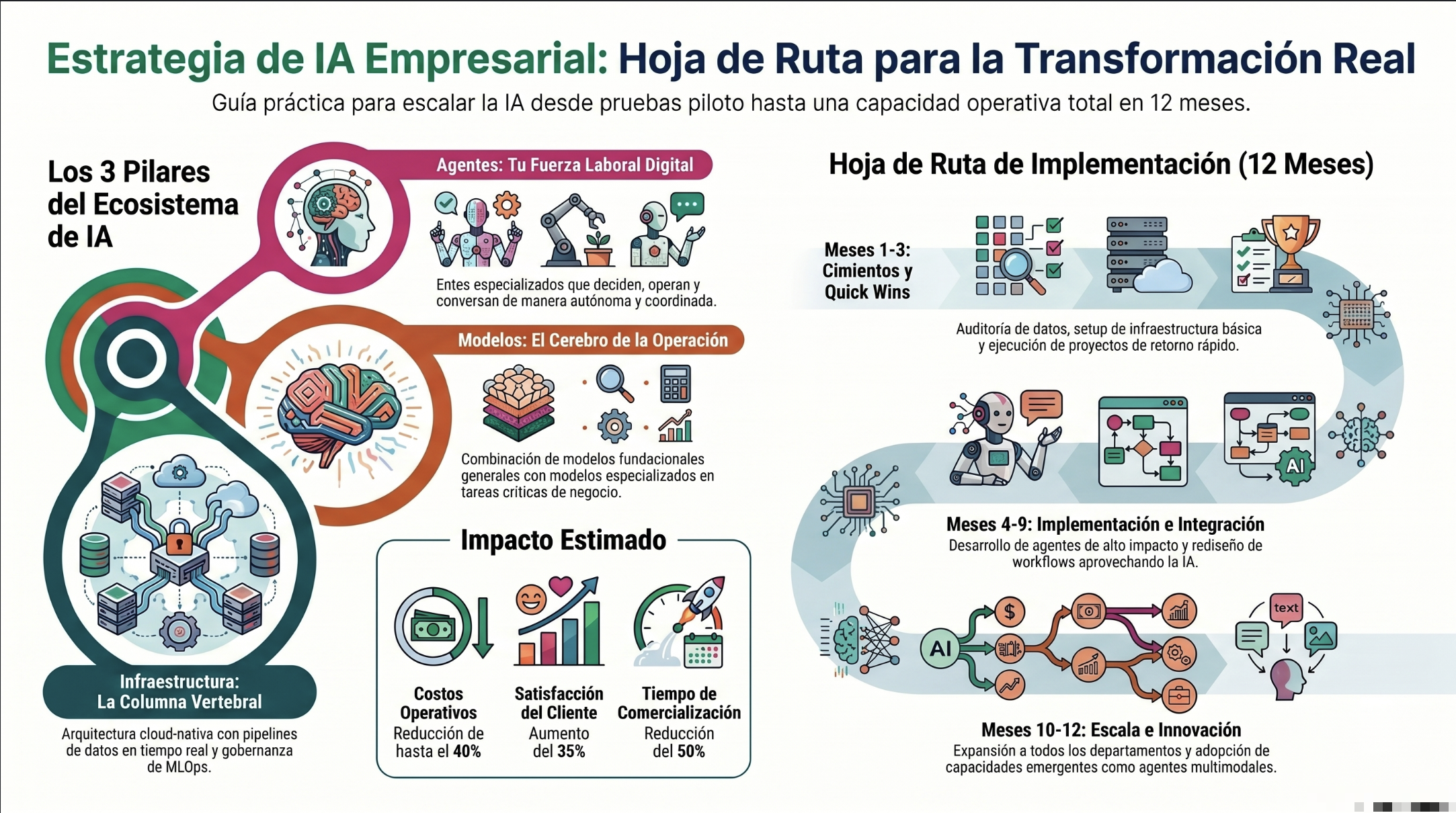 Infografía de hoja de ruta de IA empresarial en 12 meses: 3 pilares (agentes, modelos, infraestructura) y 3 fases de implemen
