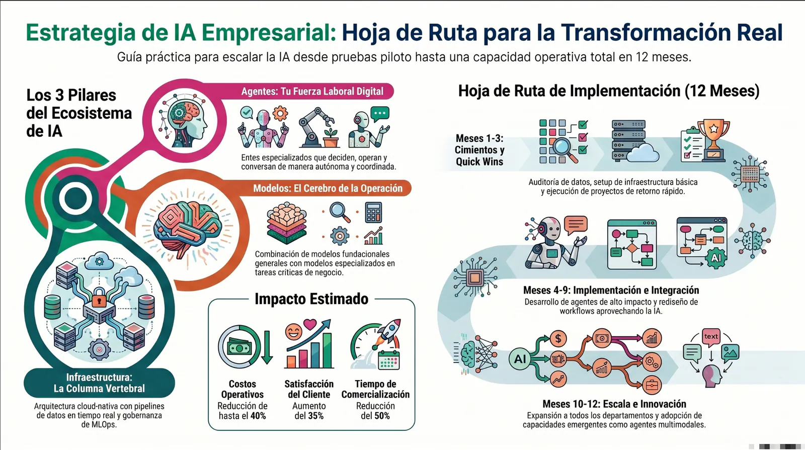 Infografía de hoja de ruta de IA empresarial en 12 meses: 3 pilares (agentes, modelos, infraestructura) y 3 fases de implemen