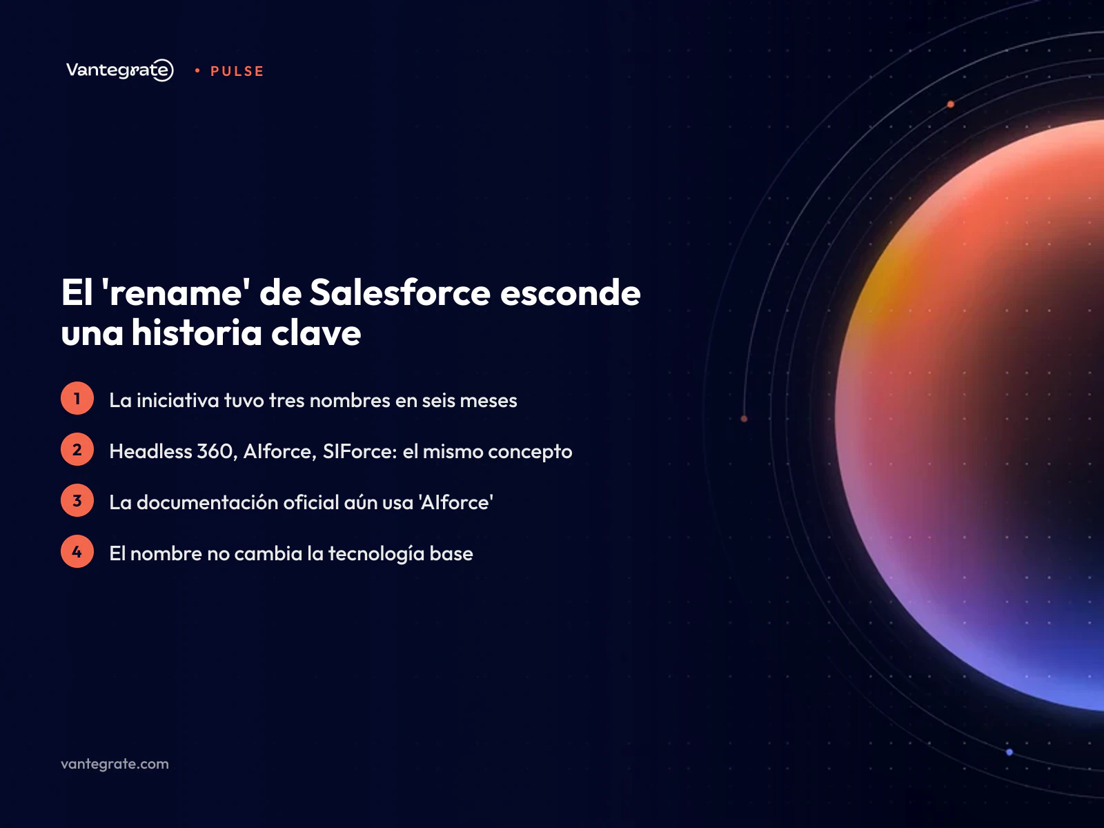 Infografía que muestra la evolución de los nombres de la plataforma de Salesforce: Headless 360, AIforce y SIForce.