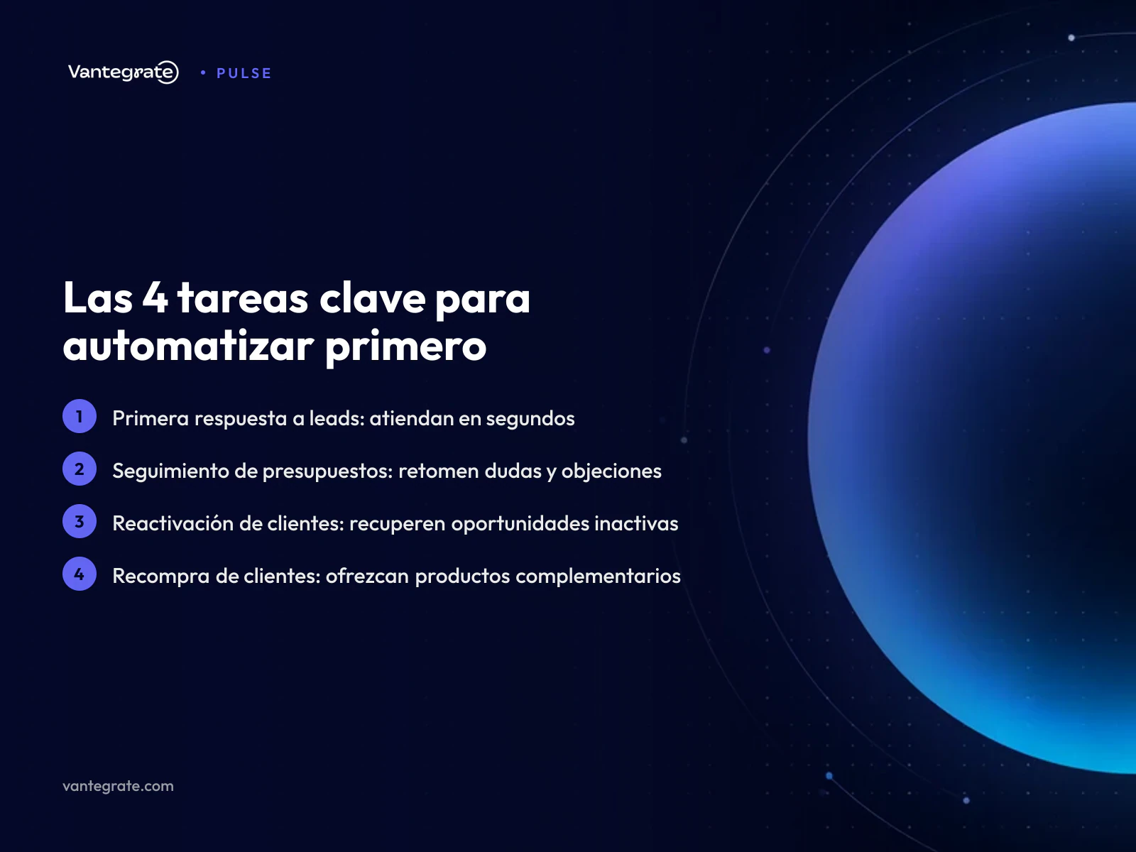 Diagrama de flujo con cuatro nodos principales que representan las tareas de automatización de ventas.