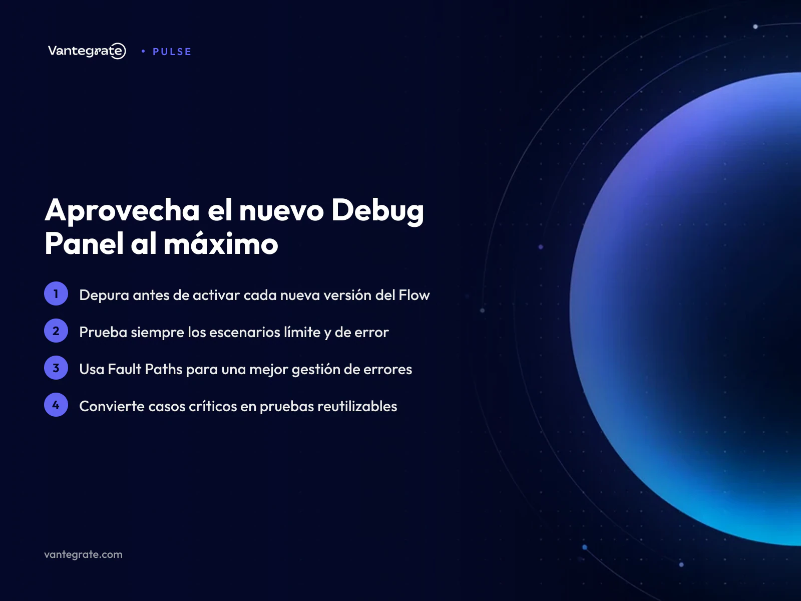 Lista de mejores prácticas para usar el nuevo panel de depuración de Salesforce Flow, con íconos que representan cada