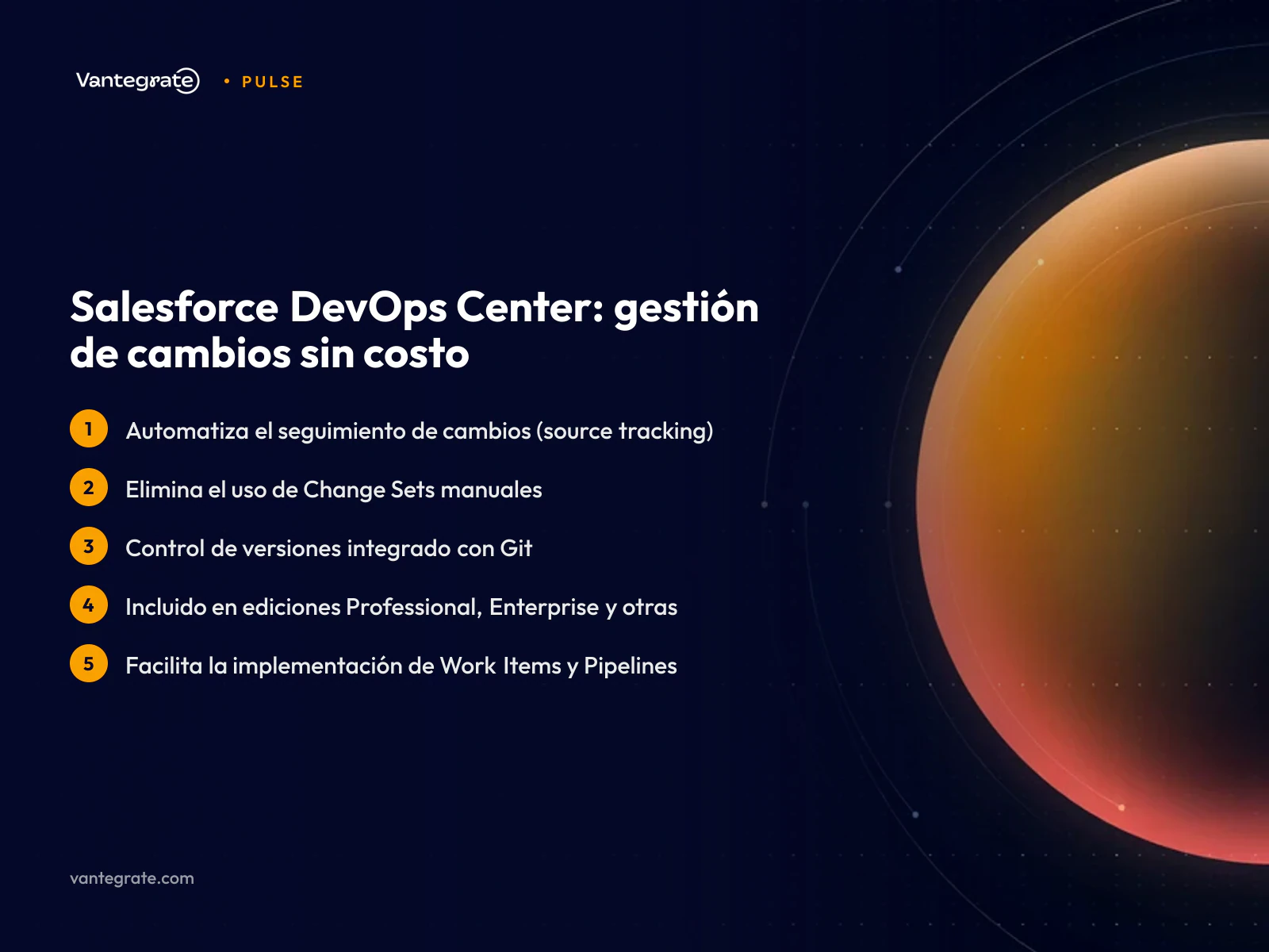 Infografía que explica los beneficios y características clave de Salesforce DevOps Center, destacando su naturaleza gratuita