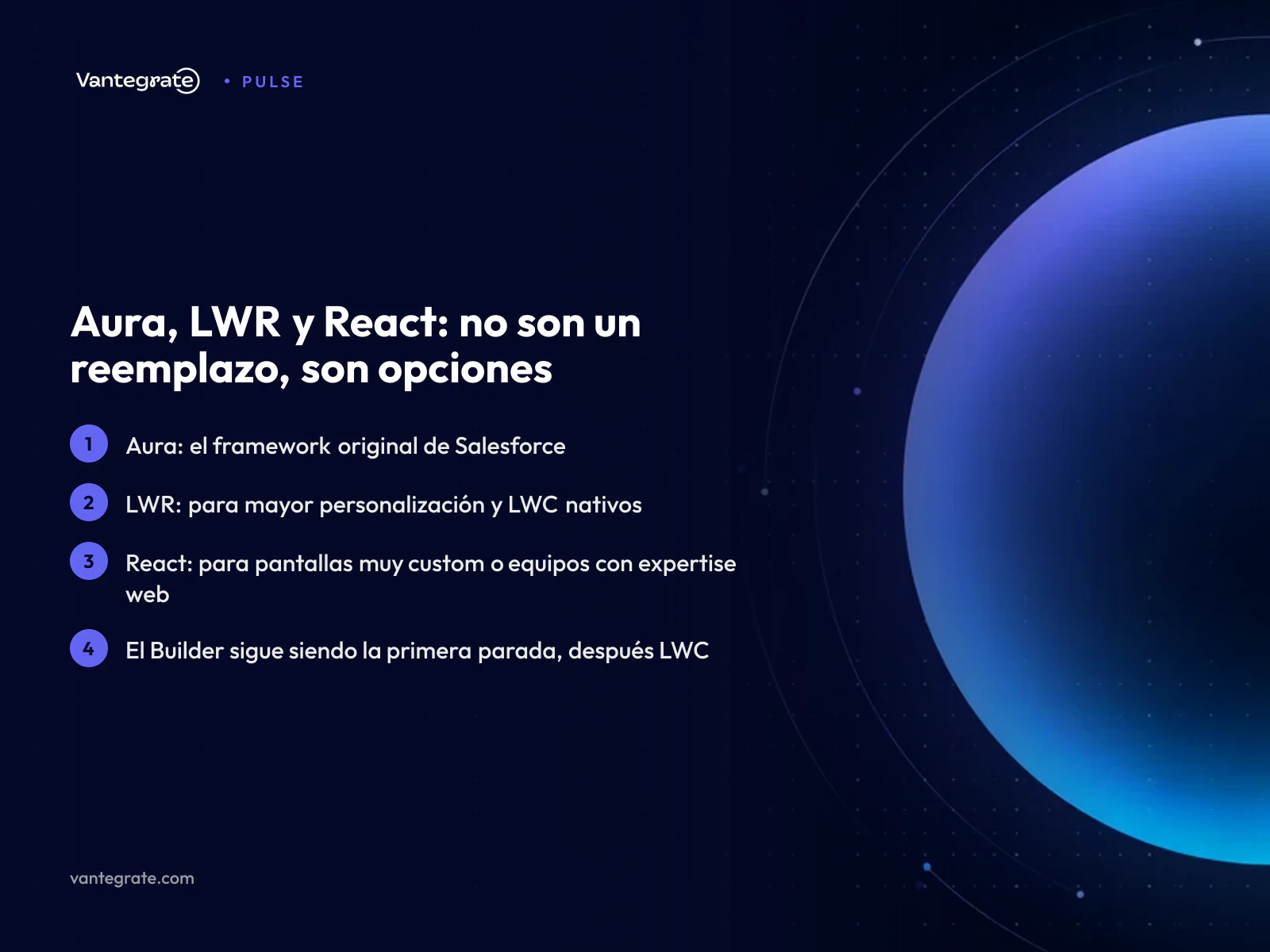 Comparación de Aura, LWR y React como opciones de desarrollo en Experience Cloud.