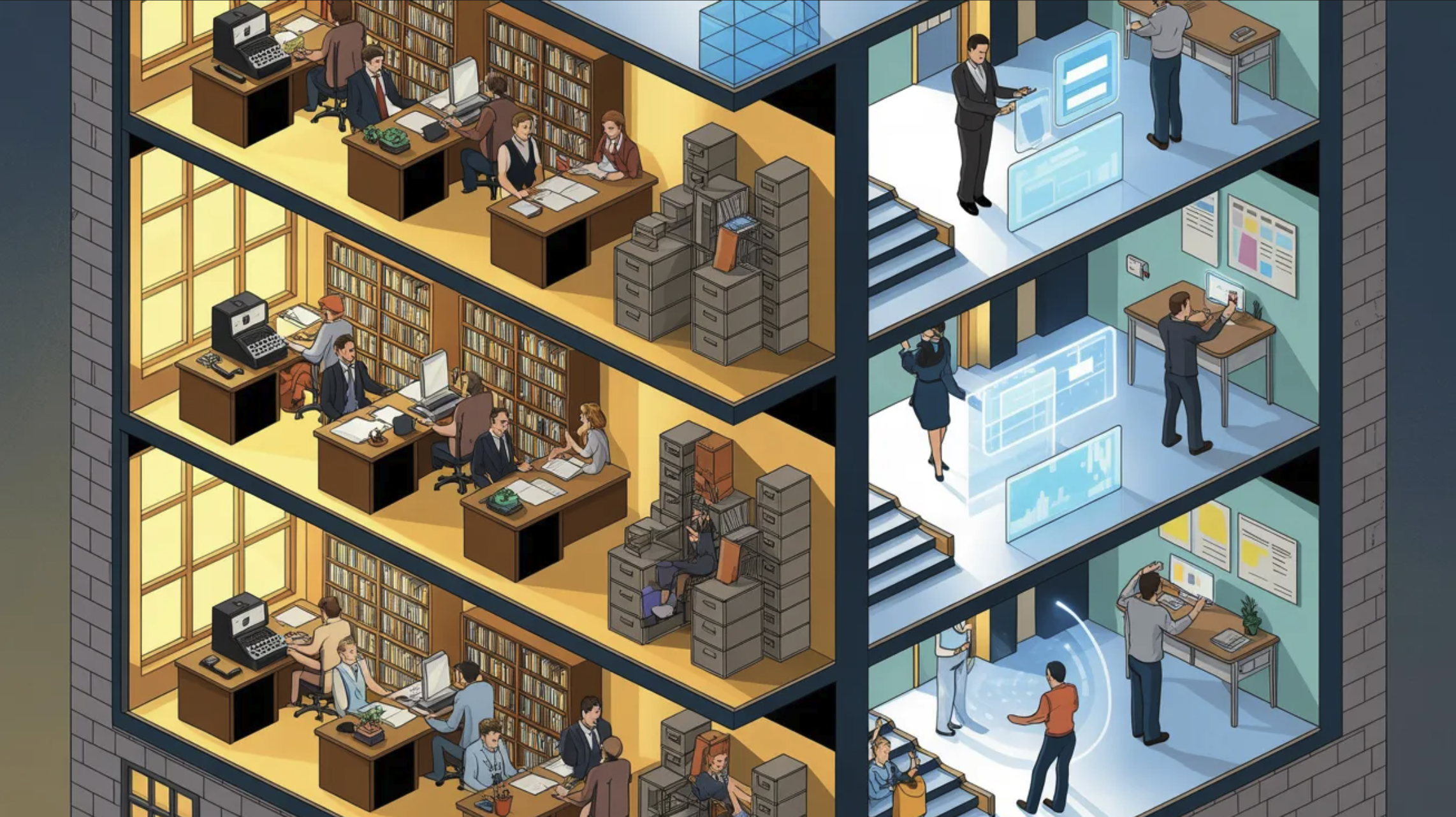 Oficinas con empleados trabajando: a la izquierda, oficinas tradicionales con archivos y máquinas de escribir; a la derecha, 