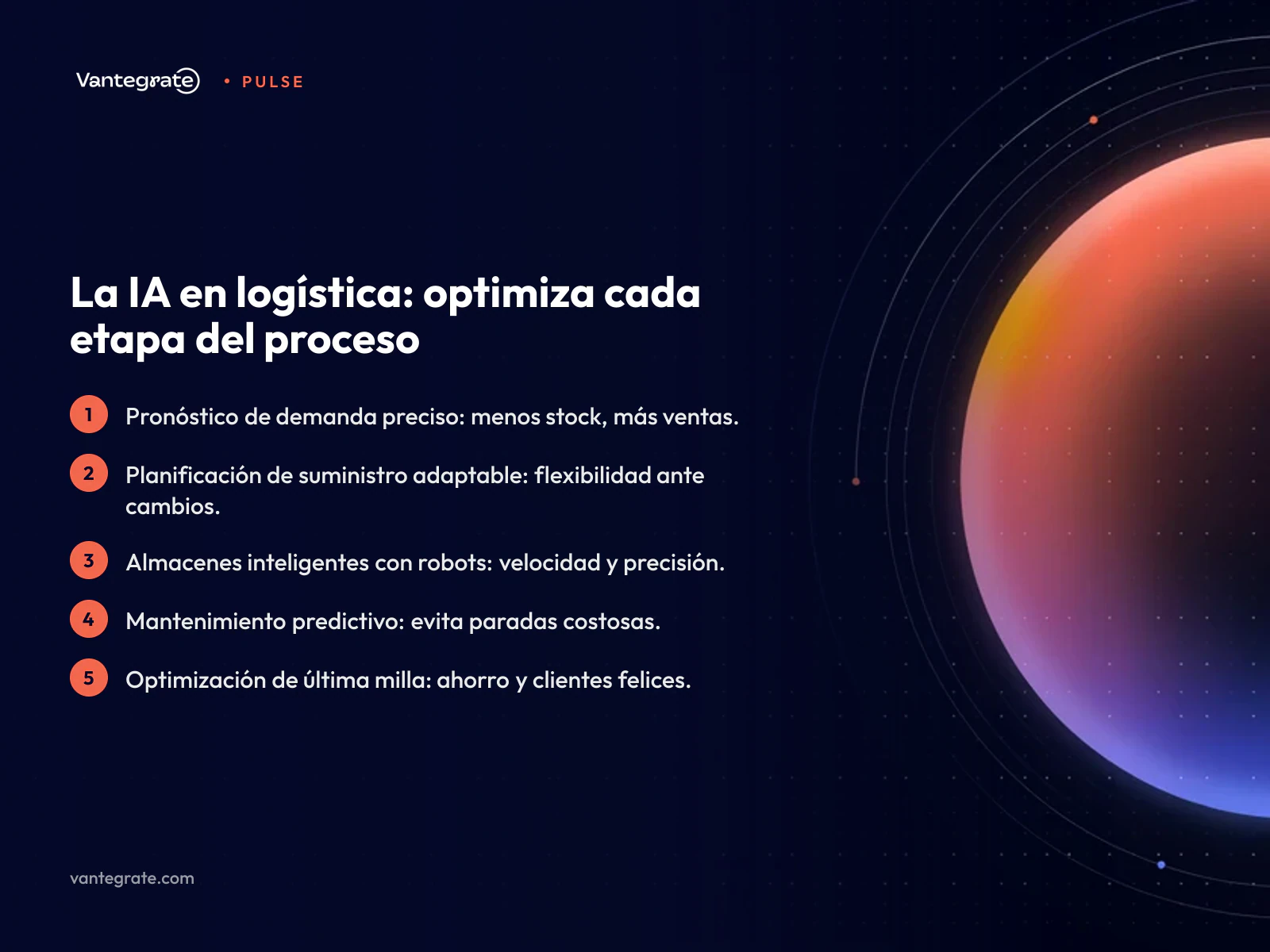 Infografía que muestra los beneficios clave de la inteligencia artificial aplicada a la logística, desde la previsión hasta