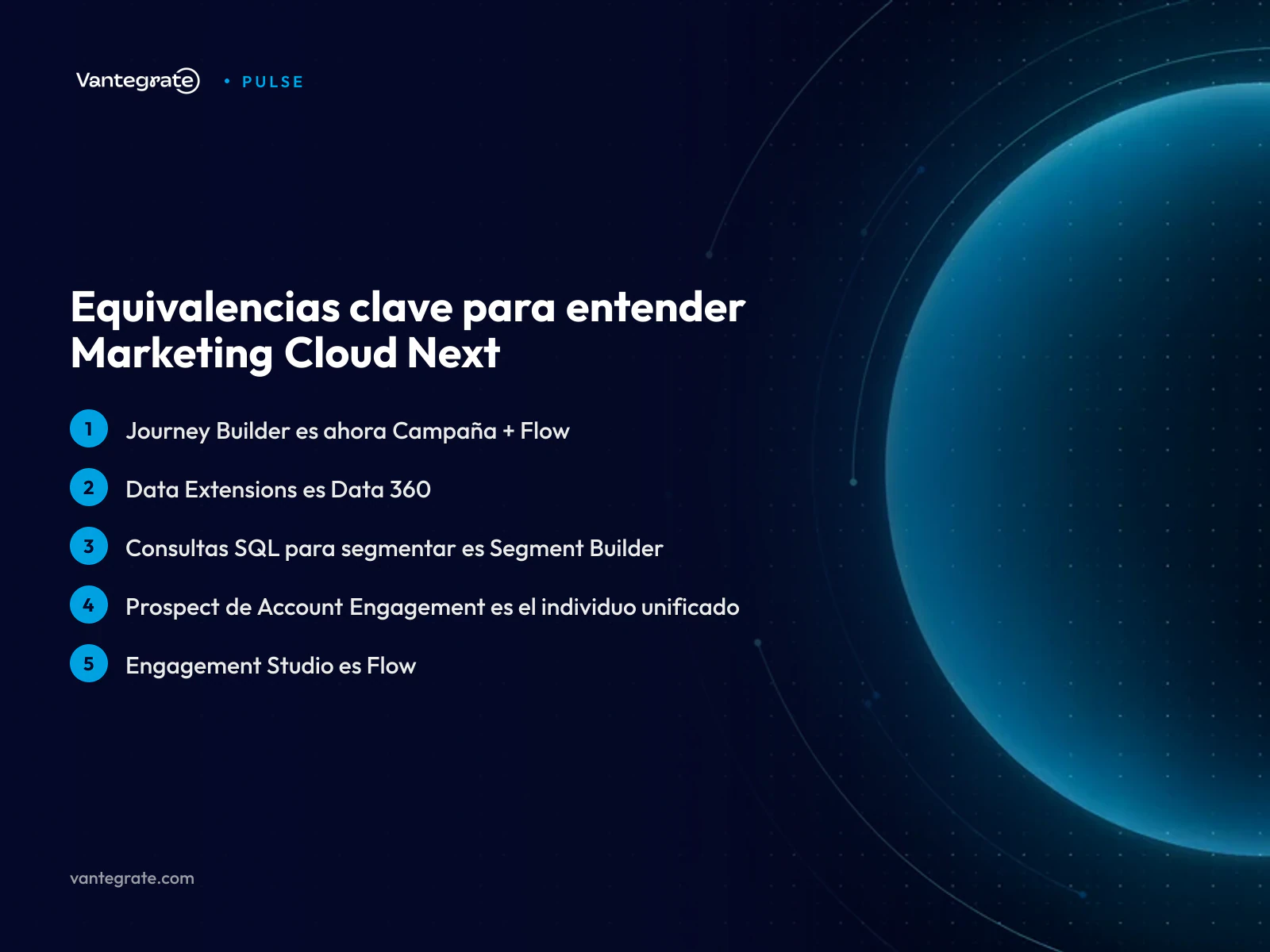 Infografía que compara y muestra las equivalencias entre los términos antiguos y nuevos de Marketing Cloud Next.