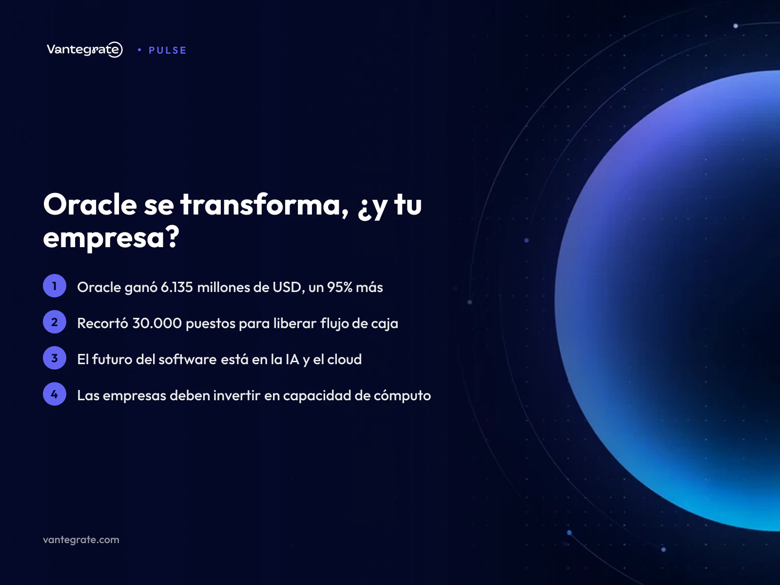 Gráfico de barras mostrando el crecimiento de ganancias de Oracle y su inversión en inteligencia artificial, junto con un