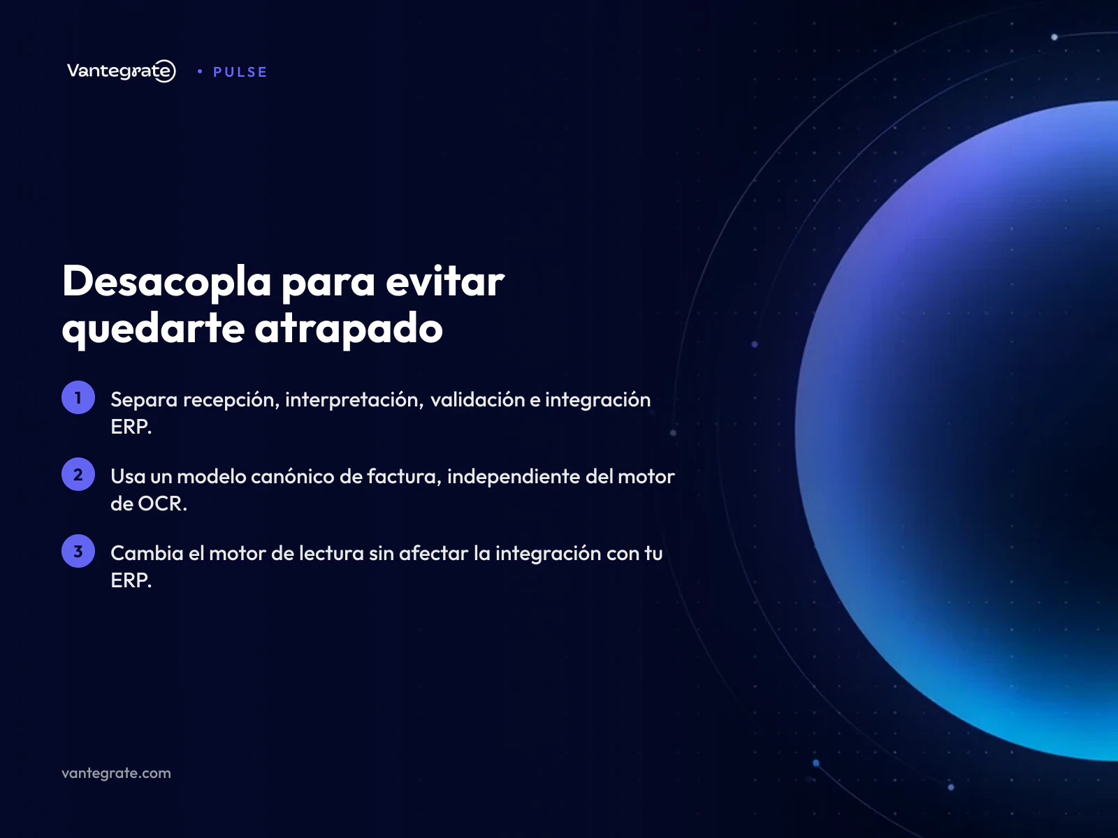 Diagrama de una arquitectura de procesamiento de facturas con etapas desacopladas: recepción, interpretación, validación e