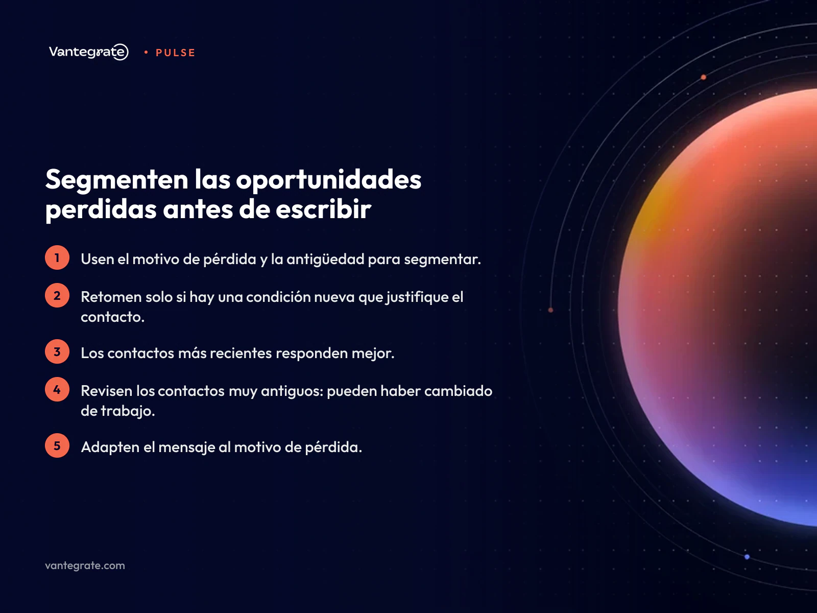 Infografía de cinco puntos sobre cómo segmentar oportunidades perdidas por motivo de pérdida y antigüedad
