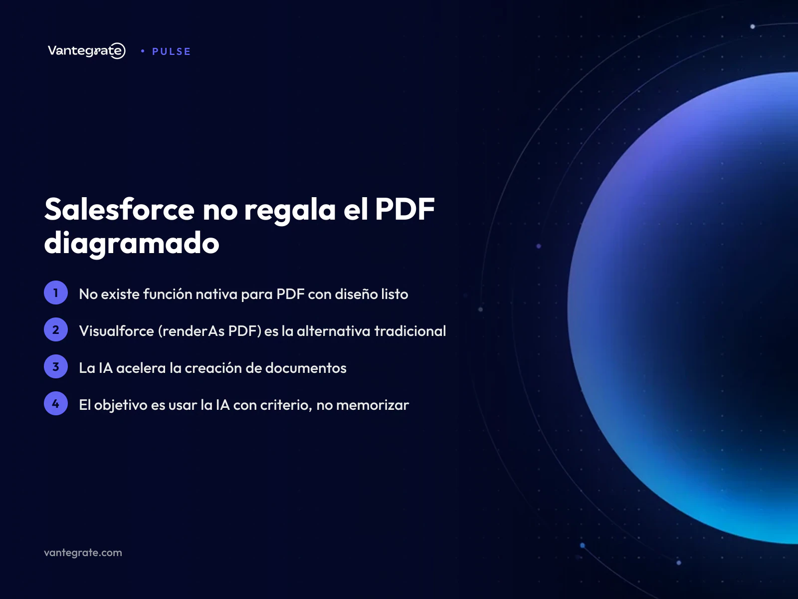 Esquema que ilustra la falta de generación nativa de PDF en Salesforce y las soluciones con Visualforce e IA.