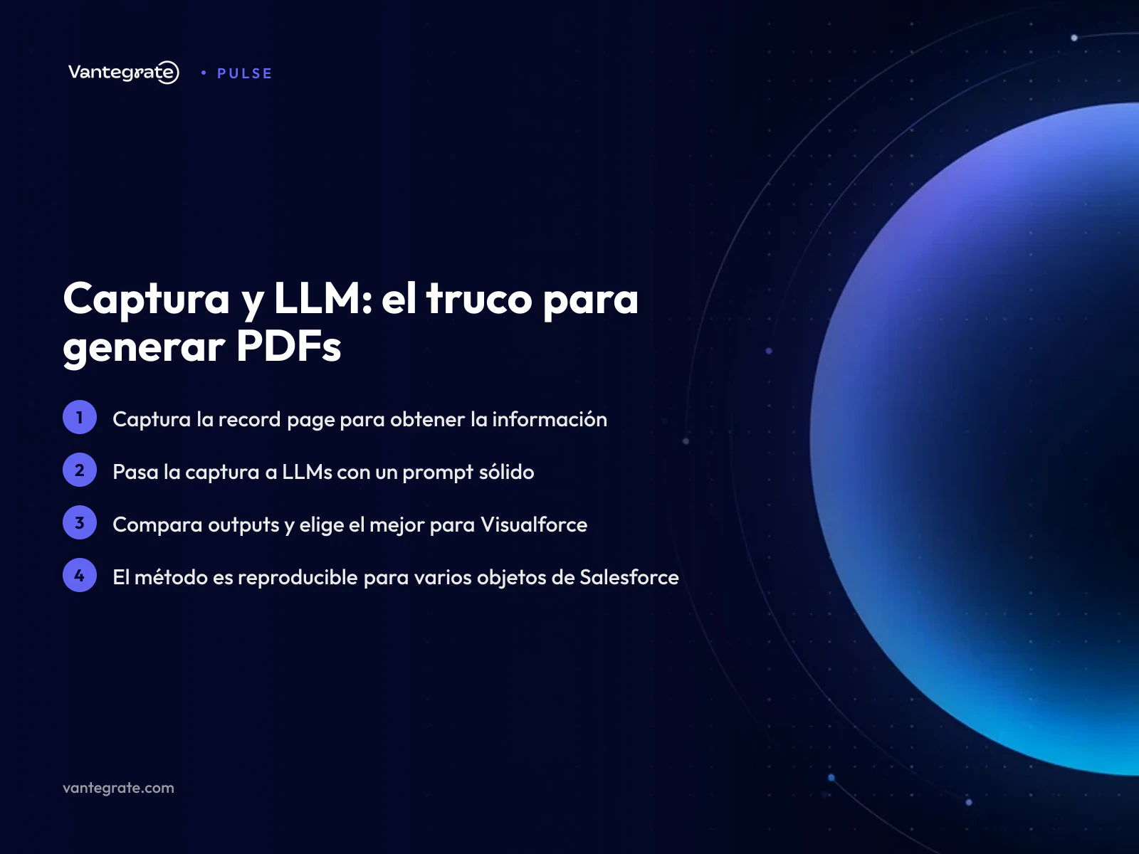 Flujo de trabajo que muestra cómo una captura de pantalla de Salesforce se procesa por IA para generar un PDF.