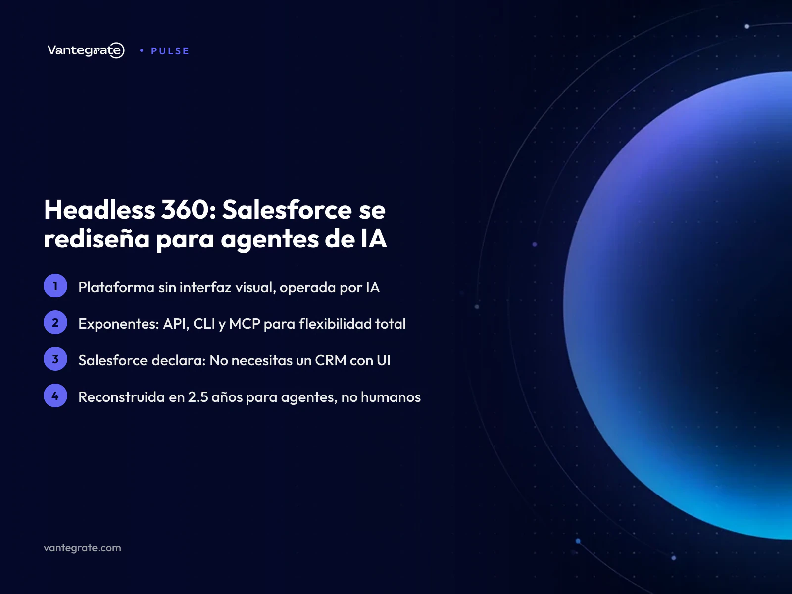 Infografía que compara el concepto de un coche autónomo sin volante con la plataforma Headless 360 de Salesforce, que permite