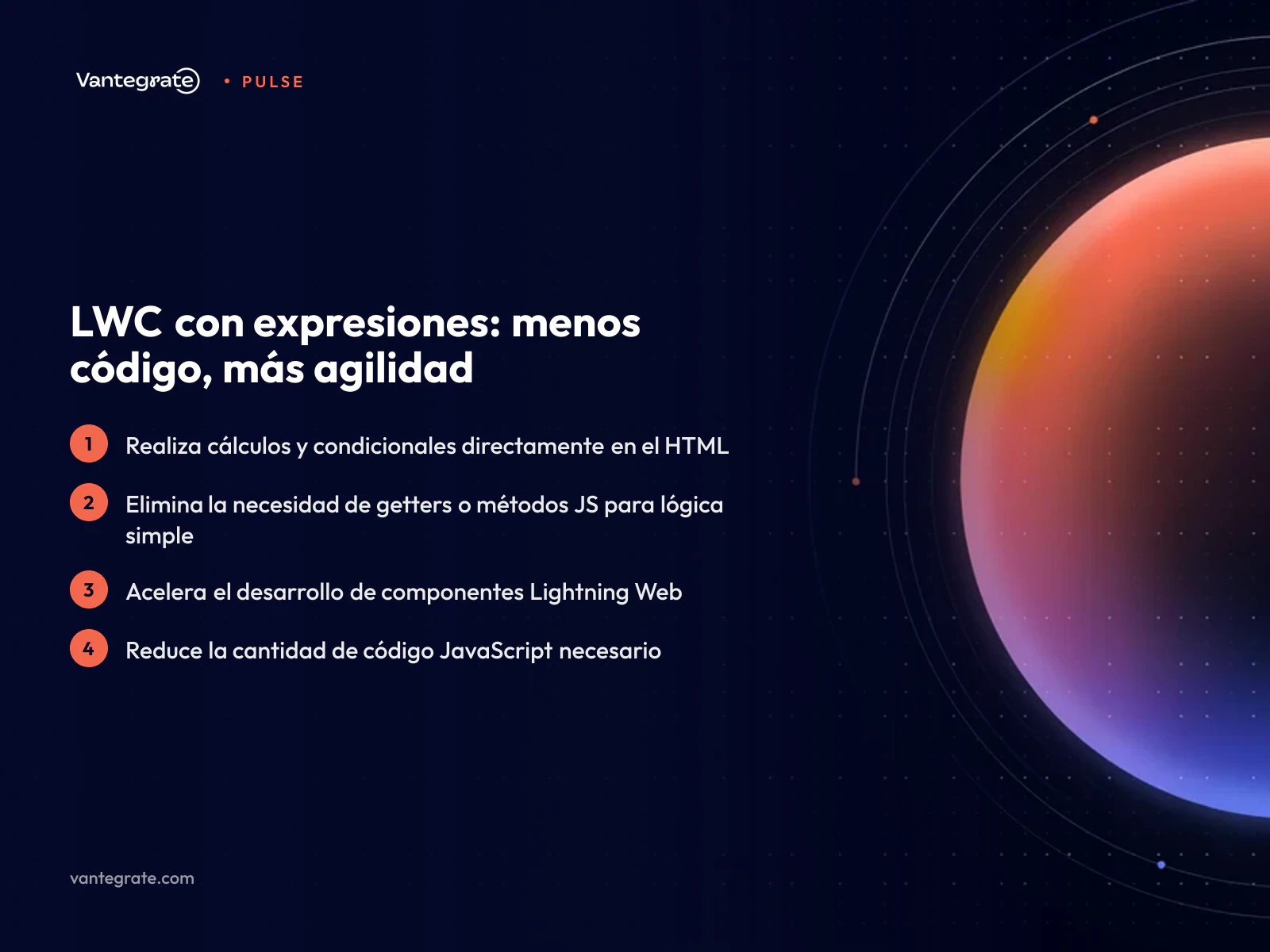 Infografía sobre la funcionalidad de expresiones en LWC, mostrando cómo reduce la necesidad de getters en JavaScript.