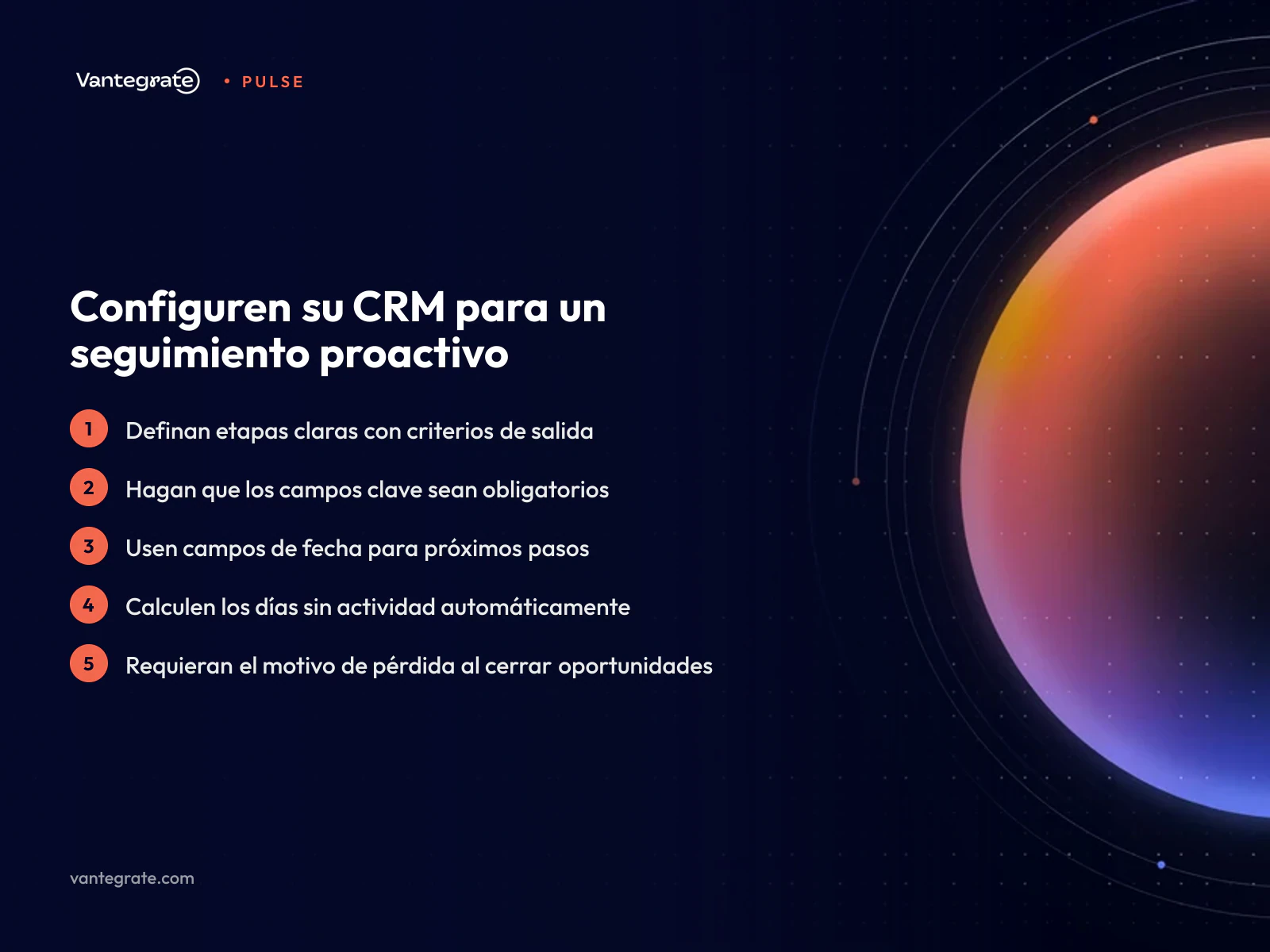 Infografía de cinco claves para configurar el CRM: etapas, campos obligatorios, fechas, días sin actividad y pérdidas