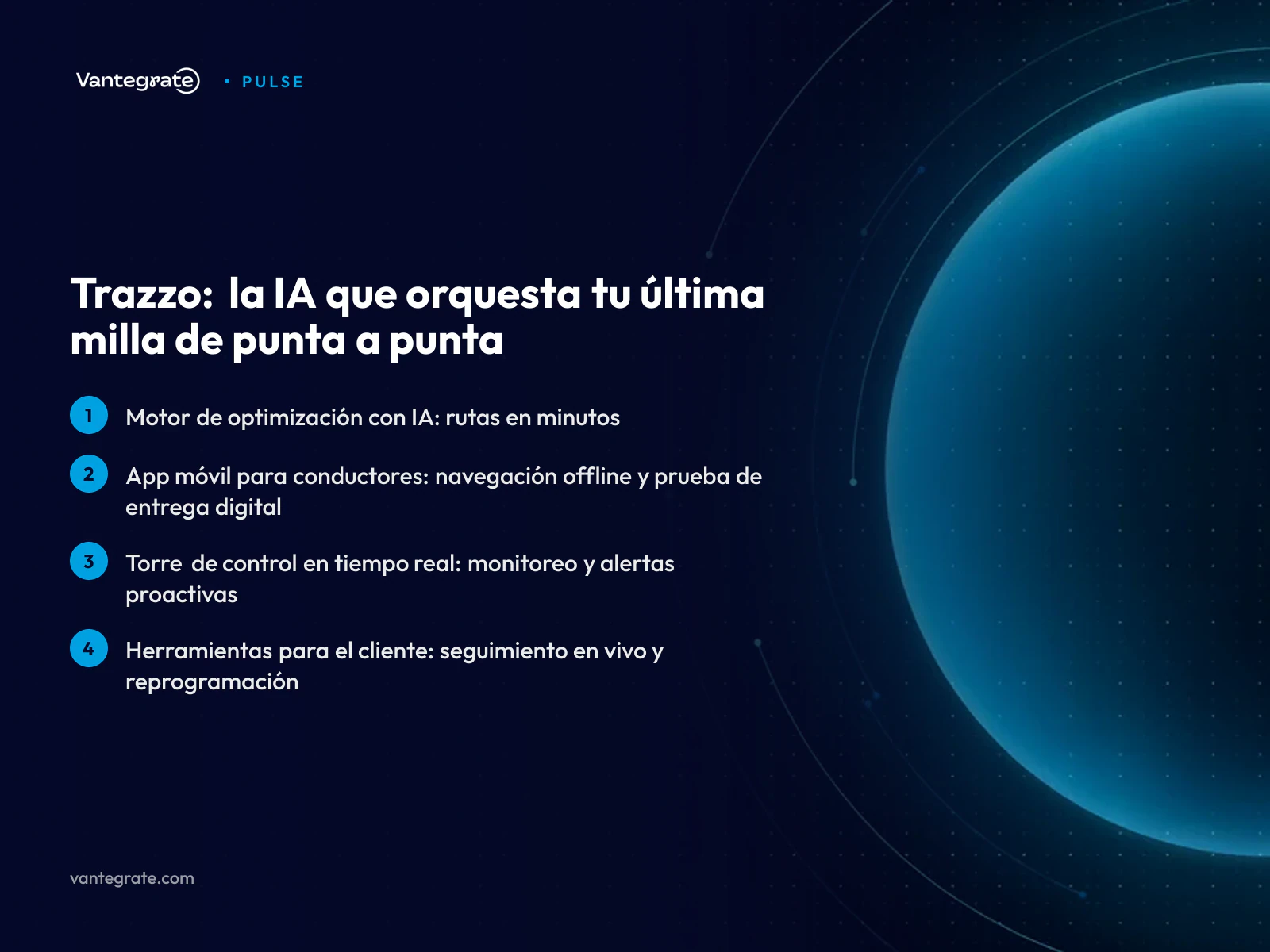 Infografía detallando los cuatro pilares de Trazzo: motor de optimización, app móvil, torre de control y herramientas para el