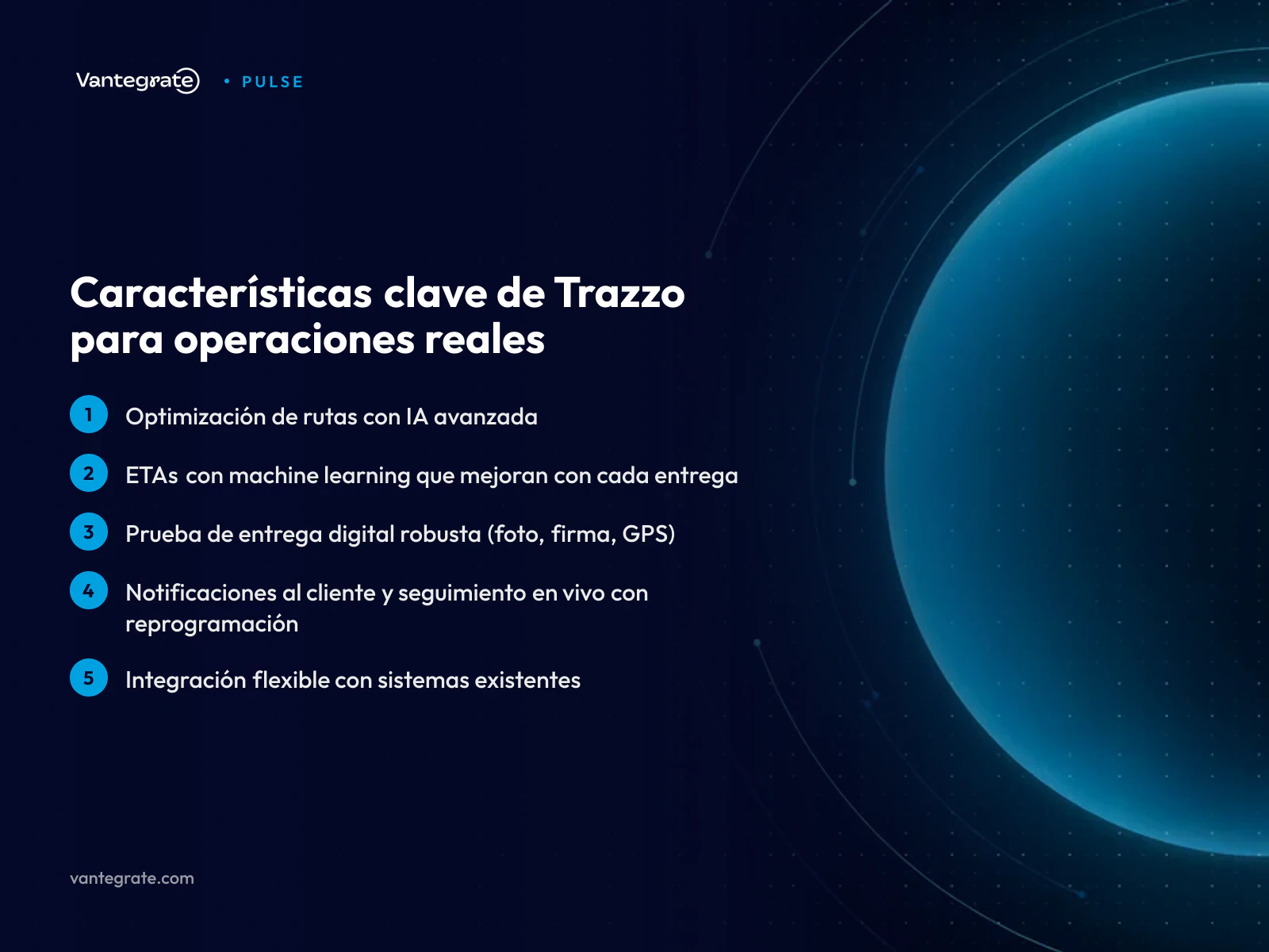 Infografía mostrando las principales capacidades de Trazzo como optimización, seguimiento en vivo y pruebas de entrega