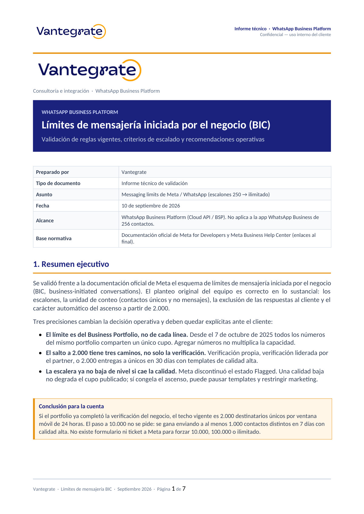 Página 1 de documento sobre limitaciones de mensajes en WhatsApp