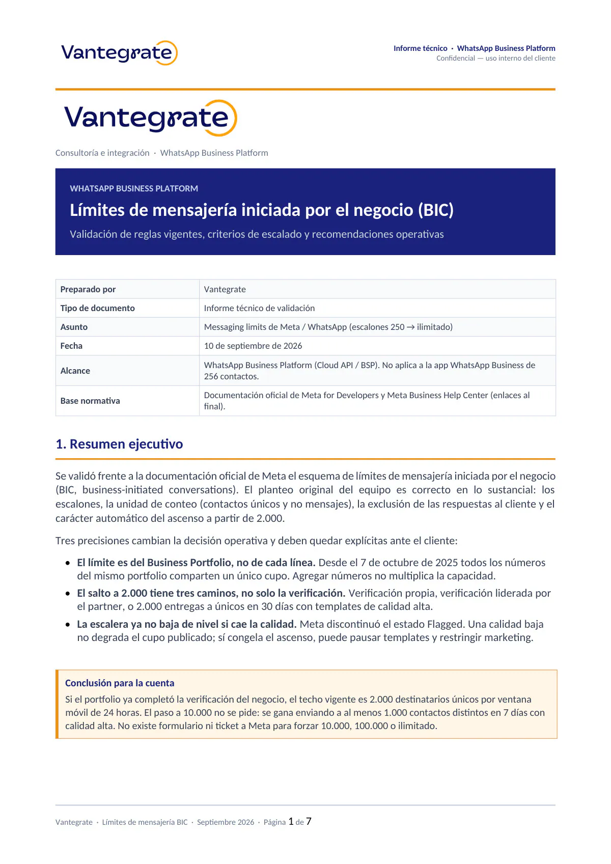Página 1 de documento sobre limitaciones de mensajes en WhatsApp
